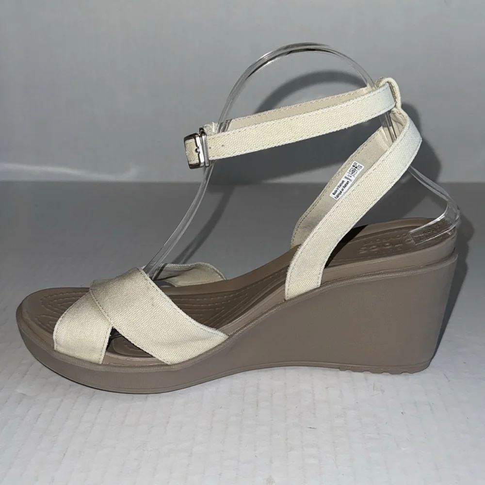 Crocs Leigh II Cream Canvas Strap Wedge Heels